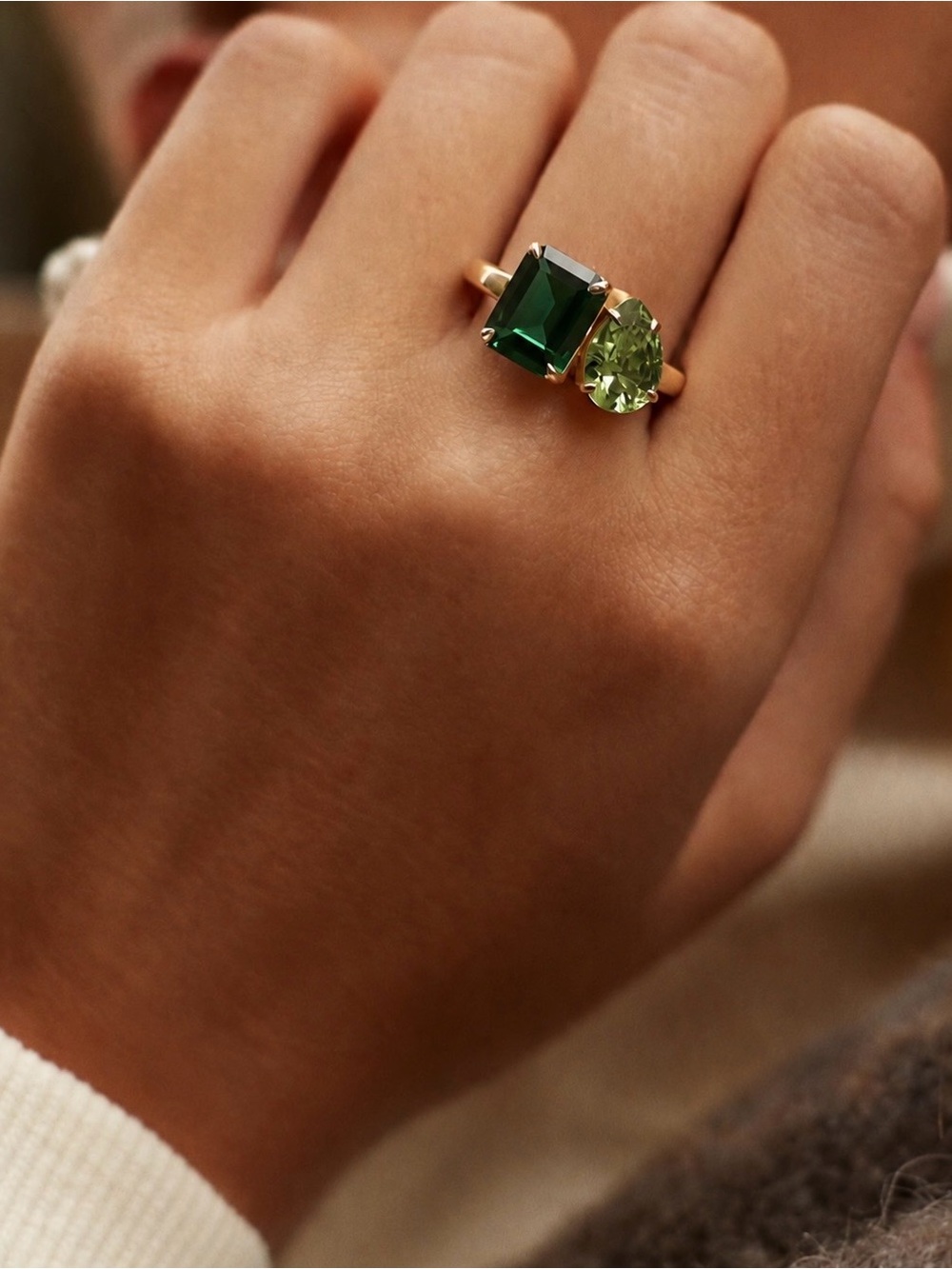 Gold Emerald and Peridot Green ring custom-made by Bauble Bar - size 5